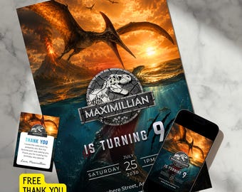 Flying Dinosaur Birthday Invitation, Editable Jurassic Sky Kids Invite, Pterodactyl Party Canva Template, Volcano Ocean Mosasaurus Dino