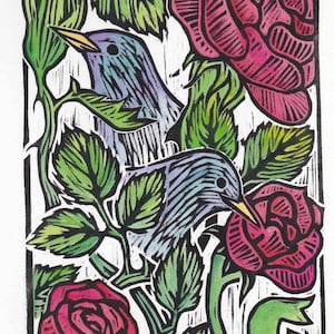 Starlings and Roses, woodcut block print