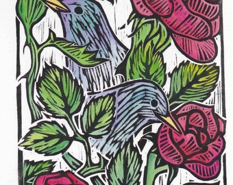 Starlings and Roses, woodcut block print