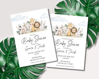 May include: Two baby shower invitations with a jungle animal theme. The invitations feature a watercolor illustration of a giraffe, elephant, lion, monkey, and zebra. The text on the invitations reads "Join us for a Baby Shower in honor of Grace & Jacob".