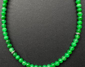 Emerald Green Jadeite Beaded Necklace: Handcrafted Dainty Chain, 16''