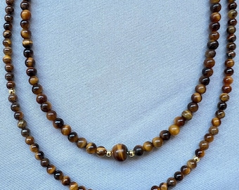 Tiger's Eye Beaded Necklace: 18K Gold Clasp, Gemstone Chain