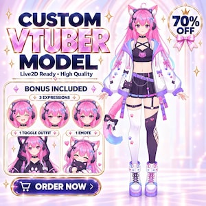 May include: A custom VTuber model featuring a character with long pink hair, cat ears, and a white, purple, and black outfit. The image displays three facial expressions, one toggle outfit, and one emote, with text reading CUSTOM VTUBER MODEL.