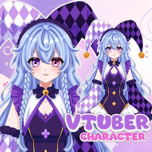 Könnte beinhalten: Eine Anime-Figur mit langem hellblauem Haar, heterochromen violetten und rosa Augen und einem von Narren inspirierten Outfit. Die Figur trägt ein dunkelviolettes Kleid mit weißen Akzenten sowie eine Narrenkappe mit violett-schwarzem Rautenmuster.