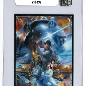 May include: A Star Wars trading card, graded and encased in a protective holder. The card features a collage of characters and scenes from the Star Wars saga, including Luke Skywalker, Yoda, and Darth Vader. The card is labeled "Therp Sajik Enterprises" and "GEM Mint 10".