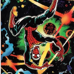 May include: Comic book illustration of Spider-Man in a dynamic pose against a cosmic background. The character is in a red and black suit, with a web-like pattern. The background features colorful nebulas, planets, and stars.