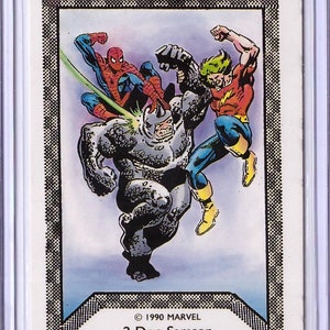 May include: A comic book trading card featuring a green, gray, and brown rhinoceros-like creature with a red and blue superhero and a yellow and blue superhero. The card has the text "© 1990 MARVEL 2-Doc Samson".