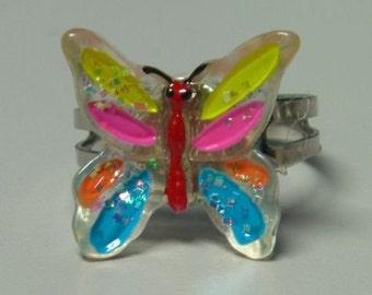 1972 ORIGINAL Metal Jelly Glaze Adjustable BUTTERFLY Ring SEVEN