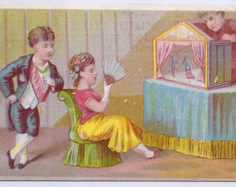 1870s Victorian French Lithograph Trade Card Puppet Show