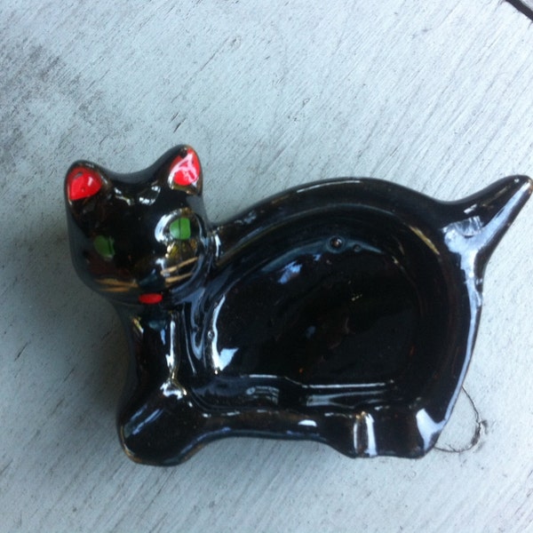 Vintage 1956 Redware BLACK CAT Ceramic Clay ASHTRAY