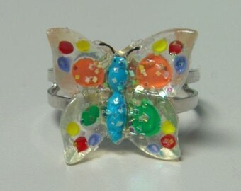 1972 ORIGINAL Metal Jelly Glaze Adjustable BUTTERFLY Ring TEN