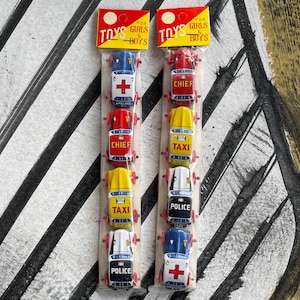 4 Rare 1950s Tin Toy Cars With Red Plastic Wheels Mint In Package JAPAN