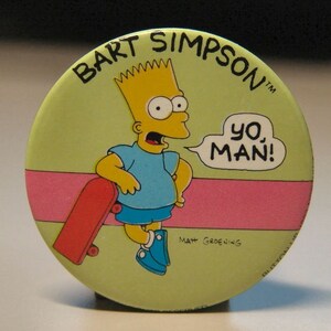 Vintage 1989 SIMPSONS Button 1.75 inch BART with SKATEBOARD