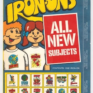 May include: Vintage Topps "Far Out Iron-Ons" sheet. The sheet features cartoon illustrations and text, including "All New Subjects." The top has the words "Far Out Iron-Ons" in yellow bubble letters. The sheet includes various iron-on designs.