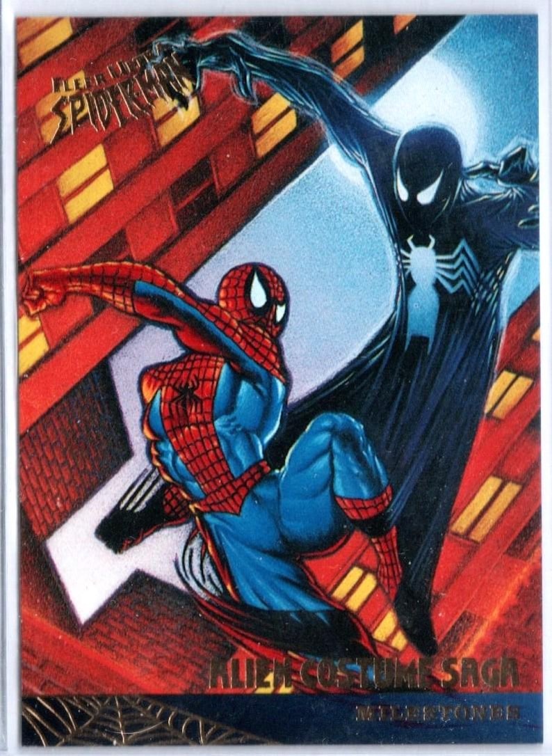 K&ouml;nnte beinhalten: Sammelkarte mit Spider-Man in einem rot-blauen Kost&uuml;m, der gegen einen schwarz gekleideten Spider-Man k&auml;mpft. Die Karte tr&auml;gt den Text "Alien Costume Saga" und "Fleer Ultra Spider-Man". Der Hintergrund zeigt eine Stadtlandschaft.
