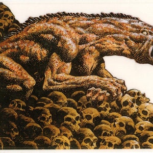 May include: A brown, scaly, reptilian creature with a large mouth and sharp teeth sits atop a pile of skulls. The creature's body is covered in small, raised dots. The image is a black and white illustration.