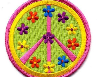 1960s-70s Hippie Peace Movement  PINK PEACE with FLOWERS Patch 3 inch