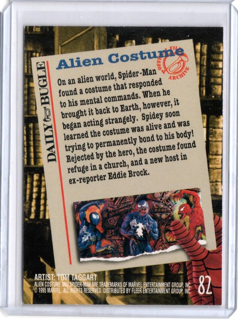 Może przedstawiać: Karta kolekcjonerska z tekstem "Alien Costume" i "Daily Bugle". Karta zawiera ilustrację Spider-Mana i Venoma. Tekst opisuje pochodzenie obcego kostiumu. Karta jest oznaczona numerem 82.