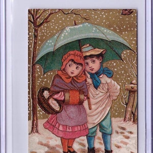 1860s Victorian Kirby Beard Paris Lithograph Trade Card Winter Design