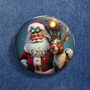 May include: A steampunk Santa Claus with a white beard and red suit is holding a reindeer with a red nose. The reindeer has a mechanical head with gears and a light on top.