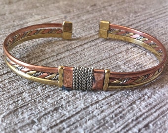 1980s Hand-Made Designer Copper Brass Silver Bracelet Triple Band SEVEN Rope Design