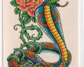 1970s Extra Large Cobra Tattoo 3.5 inch by 7 inch