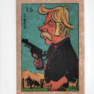 May include: A cartoon illustration of a man with a mustache and blond hair holding a gun. The man is wearing a black jacket and a red scarf. The background is a blue and green landscape with a fence and a horse.