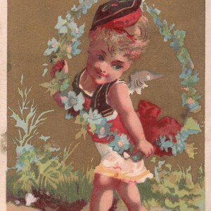 1870s Victorian Cupid Inside Flower Wreath Card