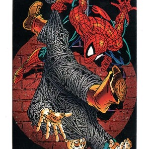 May include: Comic book illustration featuring Spider-Man in a dynamic pose, battling an opponent wrapped in a web-like material. The background includes a brick wall and a black backdrop, with vibrant colors and detailed artwork.