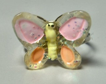 1972 ORIGINAL Metal Jelly Glaze Adjustable BUTTERFLY Ring THREE