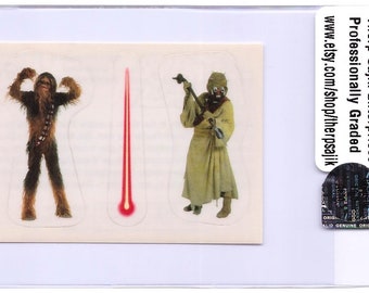 Graded 10 GEM 1996 Star Wars Chewbacca and Tuscan RaiderEuropean Panini Sticker