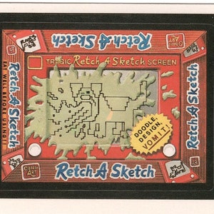 May include: A red and black Etch A Sketch toy with a green screen and the text "TRAGIC Retch A Sketch SCREEN" and "DOODLE, DESIGN, VOMIT!" on the screen. The toy is surrounded by a black frame.