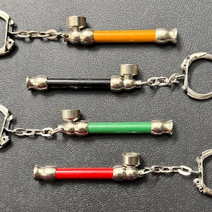 Vintage 1980s Metal Mini Pipe Key Chain in Red Black Blue Mustard