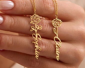 Collana con nome personalizzato e fiore di nascita, collana con nome floreale in oro personalizzato, regalo per la mamma, regalo unico per compleanno e Natale per lei