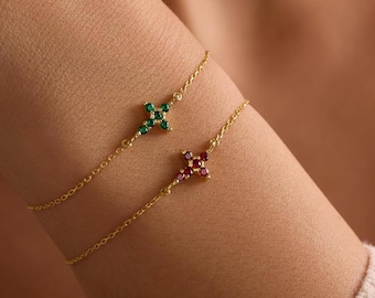 Cross Birthstone Bracelet, Tiny Cross Bracelet, Personalized Cross Bracelet, Dainty Cross Jewelry, Confirmation Gift, Christmas Gift for Her