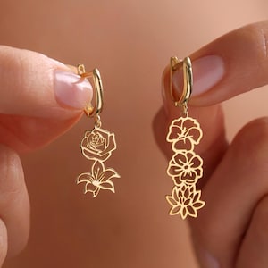Personalized Birth Flower Earring, Gold Birth Month Flower Earring, Floral Jewelry, Birth Flower Gift, Birthday Gift, Christmas Gift For Her