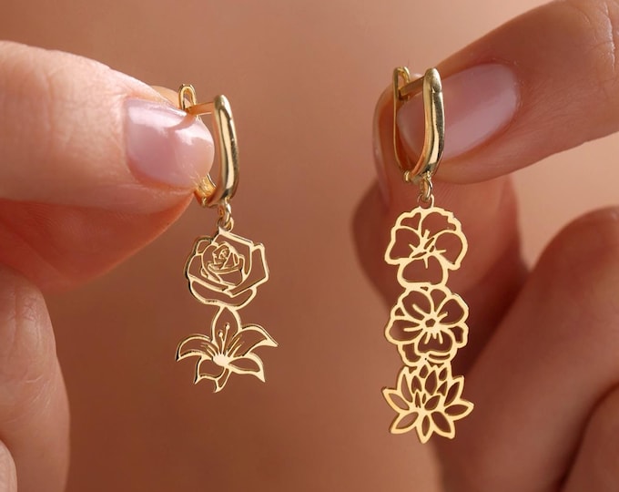 Personalized Birth Flower Earring, Gold Birth Month Flower Earring, Floral Jewelry, Birth Flower Gift, Birthday Gift, Christmas Gift For Her