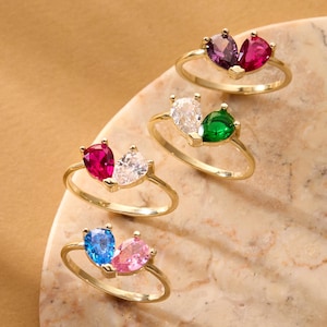 Personalized Heart Birthstone Ring, Two Birthstone Ring, Custom Birthstone Jewelry, Mother Daughter Ring, Bridesmaid Gift, Christmas Gift