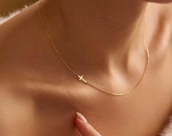 Sideways Cross Necklace, Gold Cross Necklace, Silver Cross Necklace, Baptism Gift, Minimalist Necklace, Cross Pendant, Christmas Gift