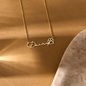 Pu&ograve; includere: Una collana color oro con il nome "Daisy" in corsivo, seguito da un ciondolo a forma di zampa. La collana &egrave; appesa su uno sfondo marrone dorato caldo, con una superficie liscia e curva in basso a destra.