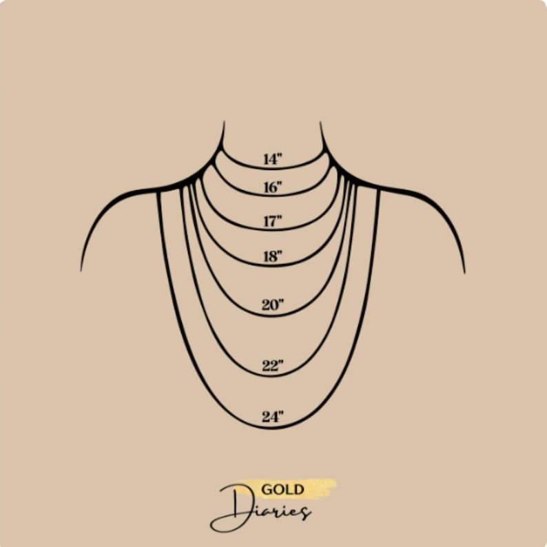 Pu&ograve; includere: Illustrazione di un collo con una guida alle lunghezze delle collane. La guida mostra le lunghezze delle collane da 35.5 cm a 61 cm, con ogni lunghezza chiaramente etichettata. Il logo Gold Diaries &egrave; in basso.