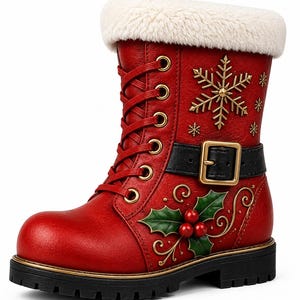 May include: A red lace-up boot featuring a white faux fur cuff, a black strap with a gold buckle, and decorative gold snowflake and holly berry embellishments. The boot has a thick black lug sole and gold-toned metal eyelets for the red laces.
