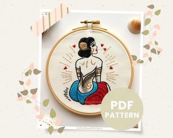 Vintage Pin-Up Embroidery Pattern PDF, Retro Tattoo-Style, Instant Download, Hand Embroidery, Digital Art, Wall Hanging DIY Gift, 6 Sizes