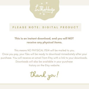 May include: A digital product notice with the text "PLEASE NOTE: DIGITAL PRODUCT" and "This is an instant download, and you will NOT receive any physical items." The text also states that the files will be ready to download immediately after purchase and that a download link will be sent via email from Etsy.