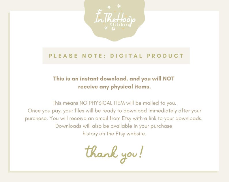 May include: A digital product notice with the text "PLEASE NOTE: DIGITAL PRODUCT" and "This is an instant download, and you will NOT receive any physical items." The text also states that the files will be ready to download immediately after purchase and that a download link will be sent via email from Etsy.