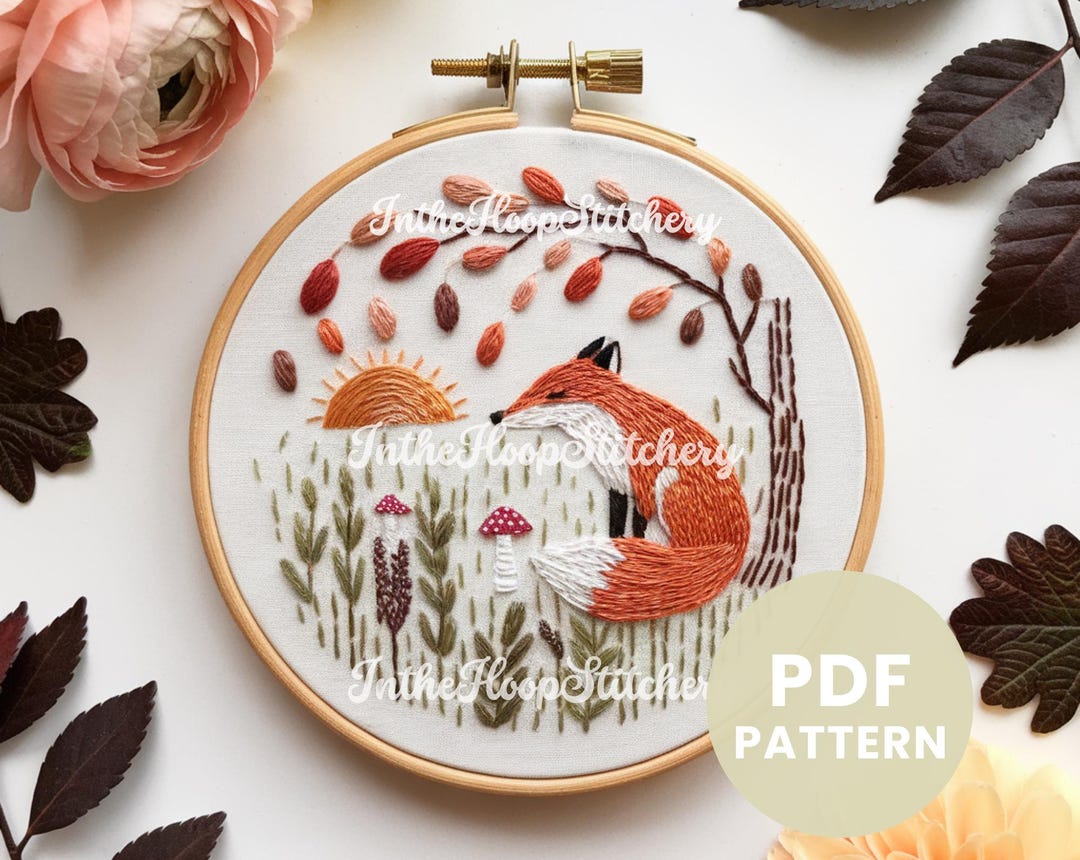 Autumn Fox Embroidery Pattern PDF, Woodland Hand Embroidery, Fall Hoop ...