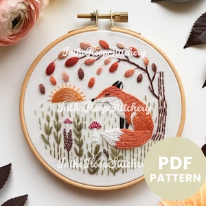 Autumn Fox Embroidery Pattern PDF, Woodland Hand Embroidery, Fall Hoop Art, Beginner-Friendly Nature Decor, PNG Embroidery, Instant Download