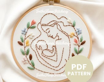 Mother and Baby Embroidery Pattern - Hand Embroidery Design - Minimalist Family DIY Craft - Nurturing Line Art