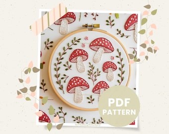 Mushroom Embroidery Pattern Digital Download, Hand Embroidery Files Art Template, Wall Hanging DIY Gift, 6 Different sizes Instant download