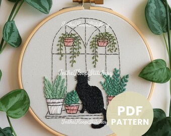 Cat Embroidery, PDF Pattern, Cute Cat Embroidery, Cat Lover, Modern Cat Embroidery, Spring Decor, DIY Cat Silhouette, PNG Instant Download